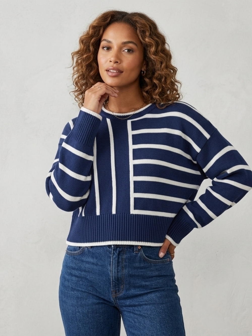 GAP Navy and White Geometric Stripe Crew Sweater Size Petite Small